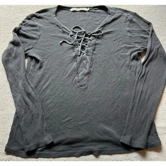 Michael Stars Women's Long Sleeve Split Neck Lace-Up Thermal Top Gray OS - Picture 1 of 7